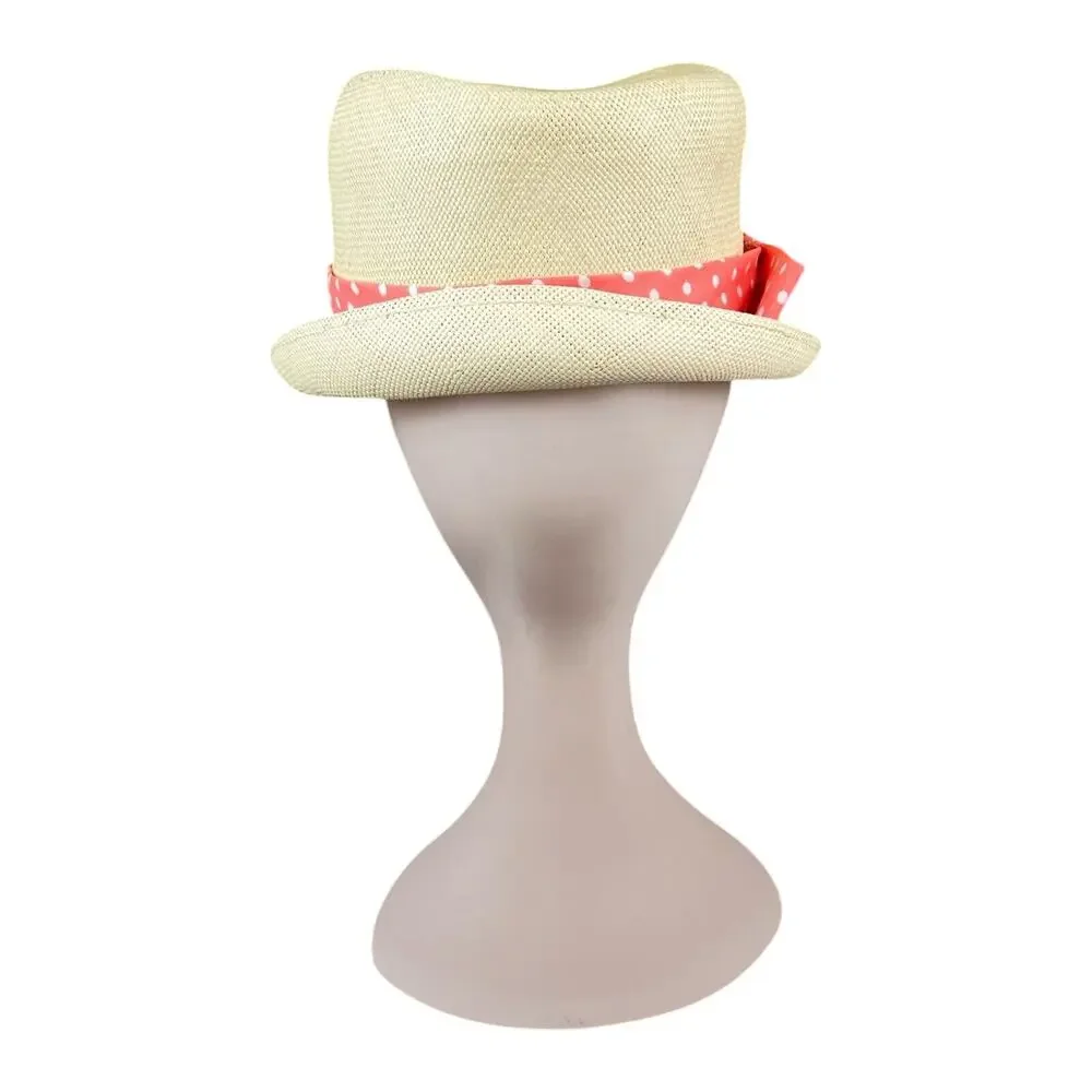 Vintage Natural Straw Fedora Hat Coral White Polka Dot Band 60s Union Made OS - Picture 4 of 9